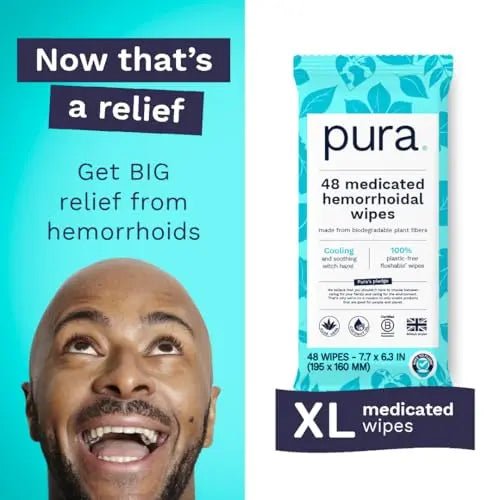 Pura Flushable Hemorrhoid Wipes XL, 48 Count, Medicated with Cooling Witch Hazel, Aloe & Coconut Oil, Fast Relief, Fragrance-Free, 100% Plastic-Free - Maple Wellness Supplements