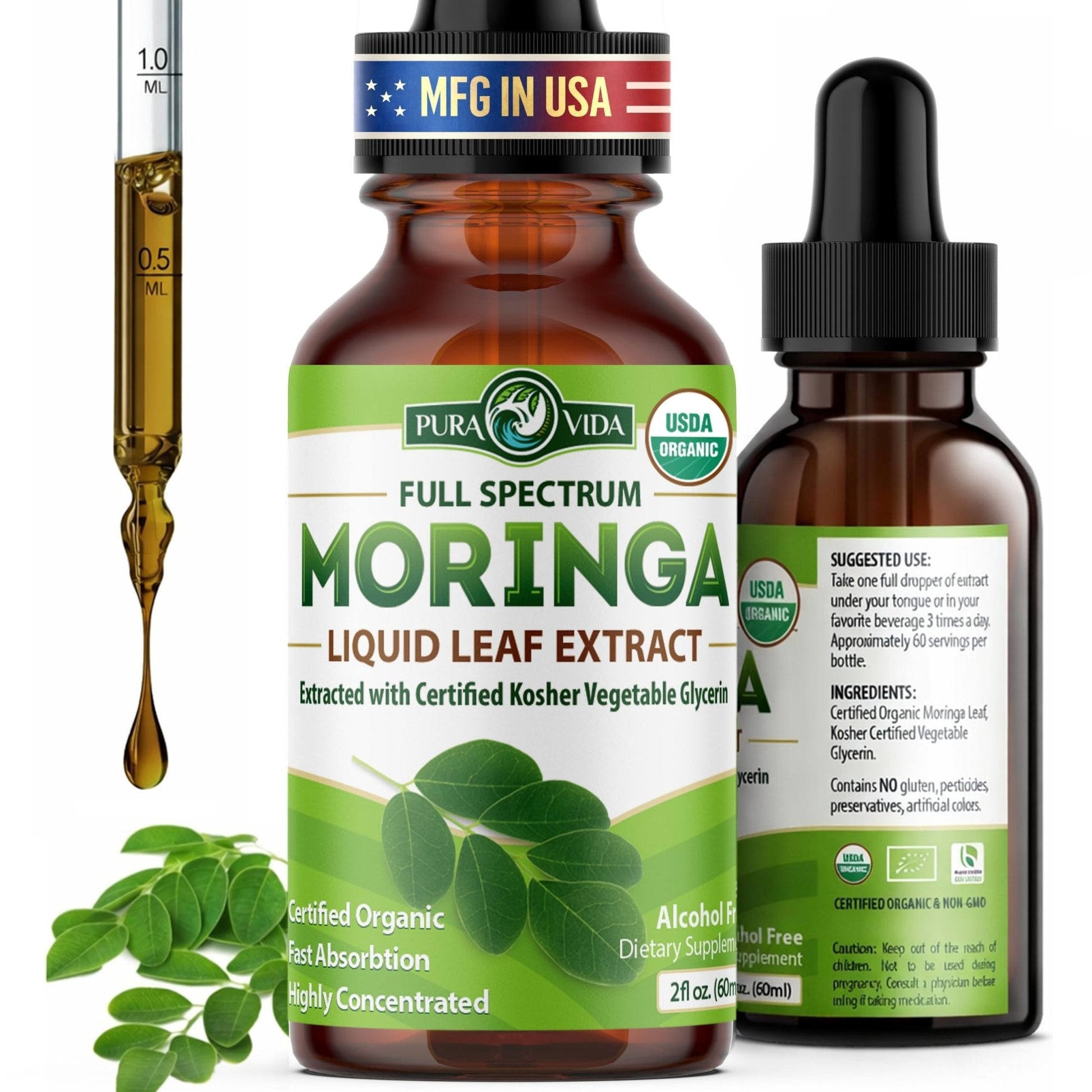 PURA VIDA MORINGA Leaf Extract Liquid Drops - USDA Organic Certified - Highly Purified, Bioavailable & Faster Absorption than Moringa Powder or Capsules - Maple Wellness Supplements