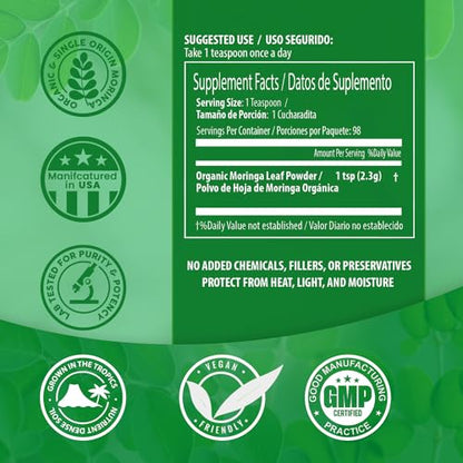 PURA VIDA MORINGA Moringa Powder Organic Single Origin - Premium 100% Leaf Powder - Maple Wellness Supplements