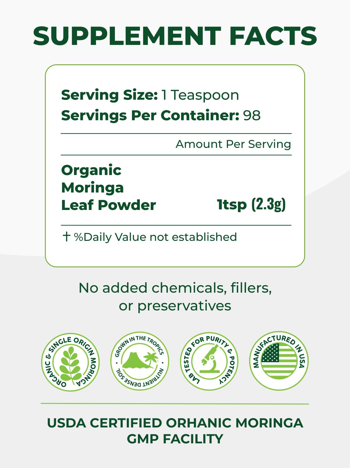 PURA VIDA MORINGA Organic Moringa Powder, Premium 100% Leaf Powder Single Origin - USDA Organic Moringa Oleifera Leaf - Maple Wellness Supplements