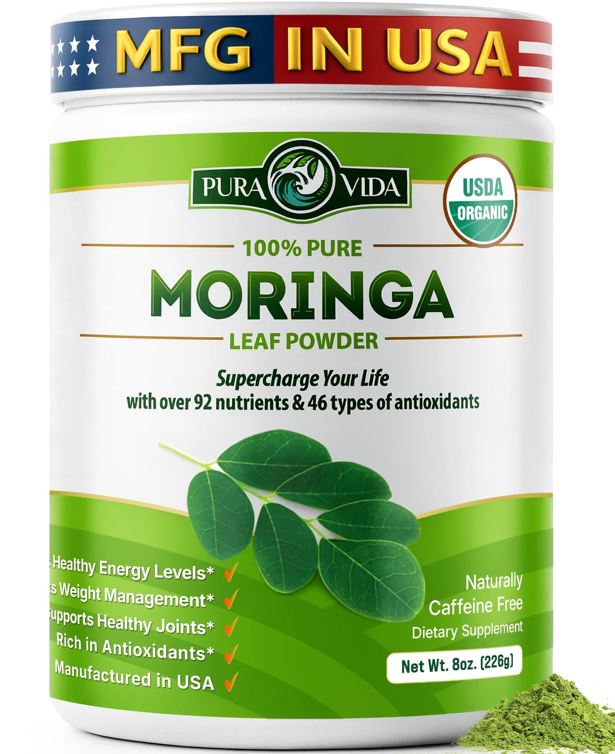 PURA VIDA MORINGA Organic Moringa Powder, Premium 100% Leaf Powder Single Origin - USDA Organic Moringa Oleifera Leaf - Maple Wellness Supplements
