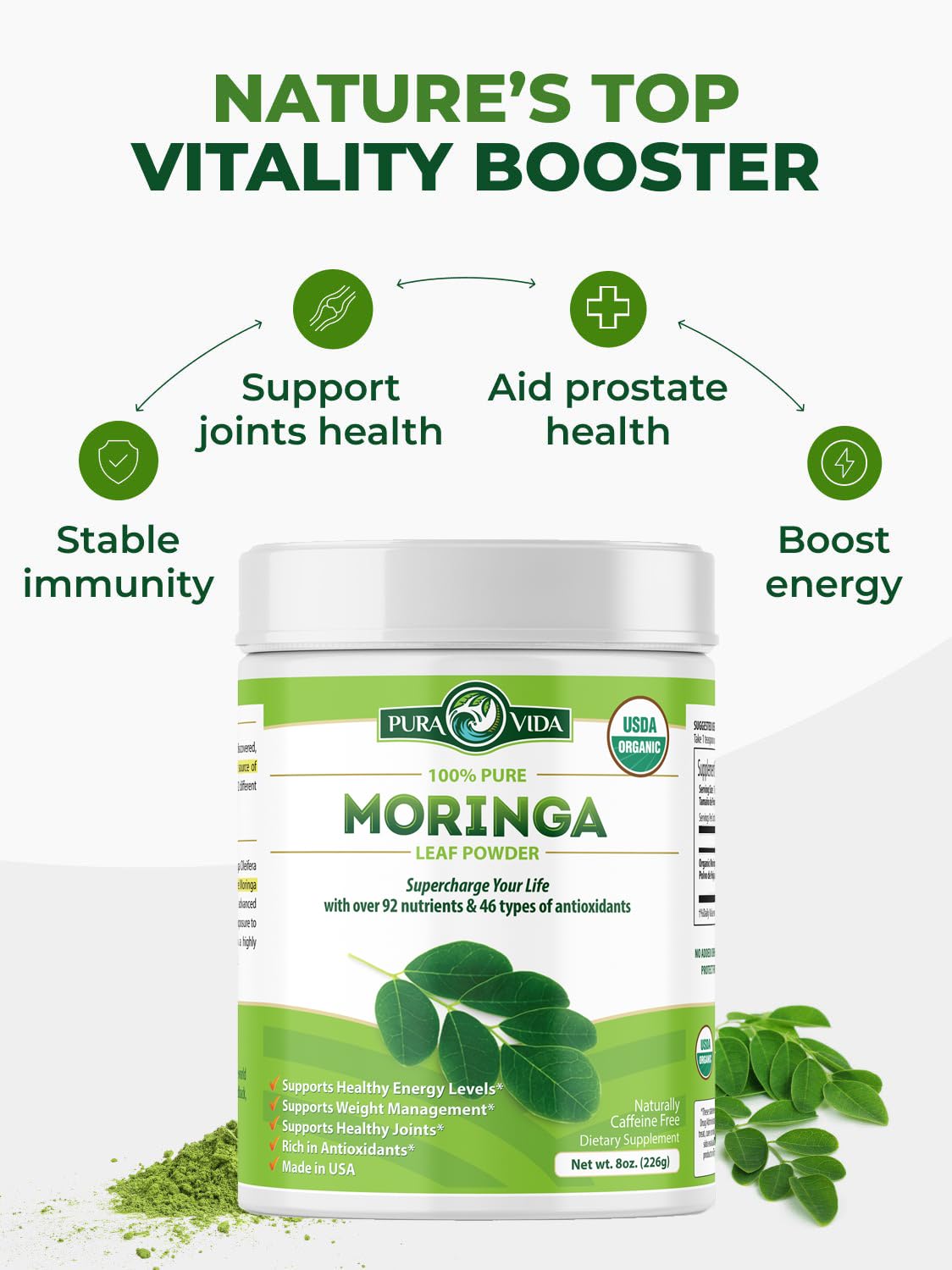 PURA VIDA MORINGA Organic Moringa Powder, Premium 100% Leaf Powder Single Origin - USDA Organic Moringa Oleifera Leaf - Maple Wellness Supplements