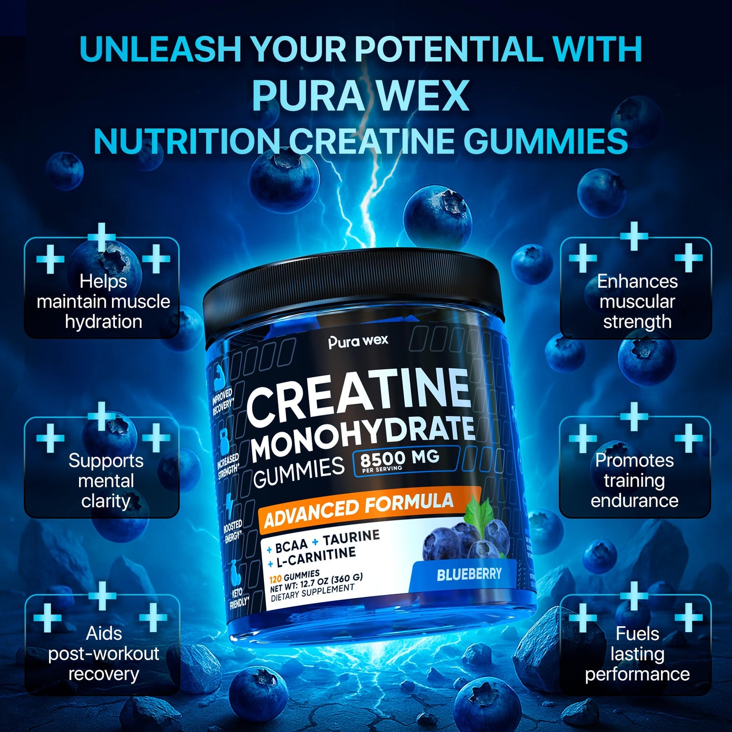 PURA WEX NUTRITION Creatine Monohydrate Gummies 8500mg Complex for Men & Women - Pre Workout Creatine Chews for Muscle Growth, Strength & Energy, - Maple Wellness Supplements