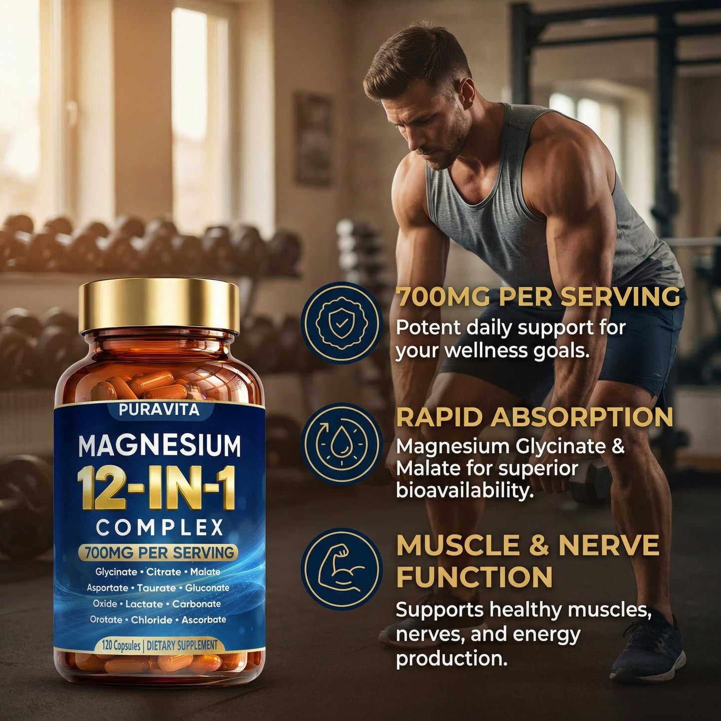 Puravita 12 in 1 Magnesium Complex Capsules - 700mg High Absorption Blend with Glycinate, Citrate, Malate, Oxide & Taurate. Supports Muscle Function, Nerve Health & Relaxation - 120 Capsules (1) - Maple Wellness Supplements