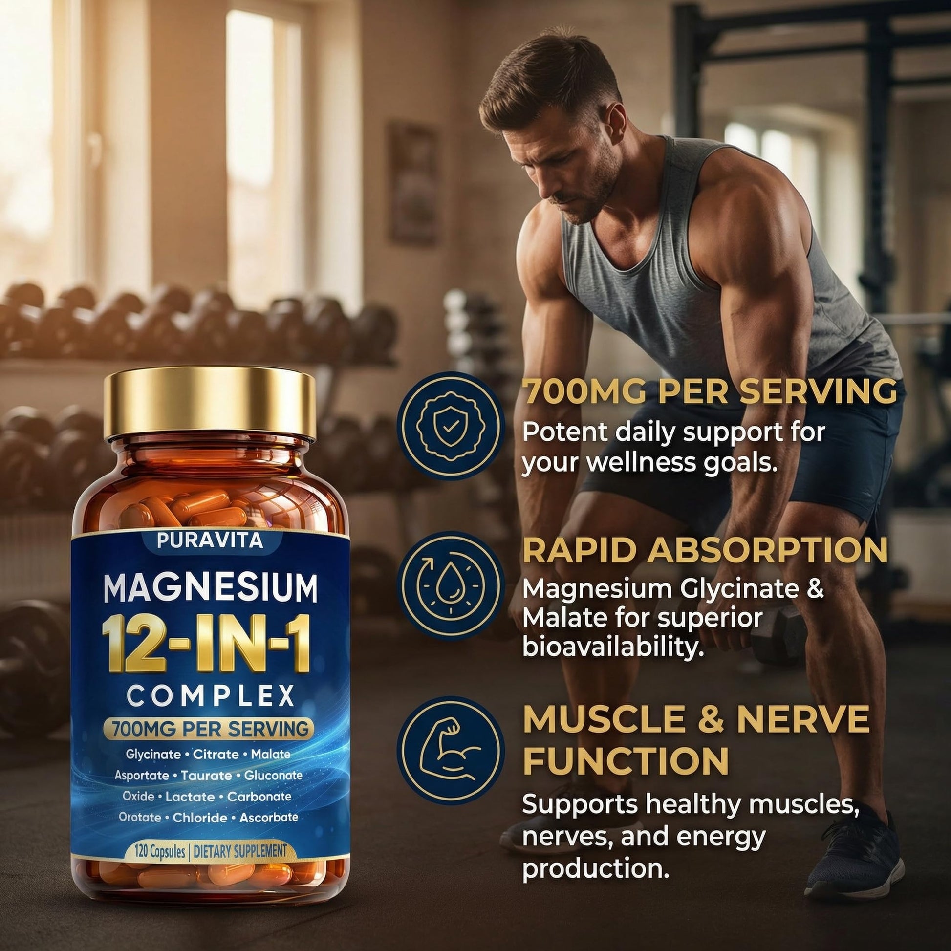 Puravita 12 in 1 Magnesium Complex Capsules - 700mg High Absorption Blend with Glycinate, Citrate, Malate, Oxide & Taurate. Supports Muscle Function, Nerve Health & Relaxation - 120 Capsules (1) - Maple Wellness Supplements