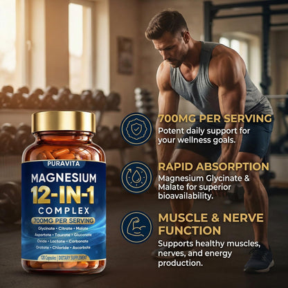 Puravita 12 in 1 Magnesium Complex Capsules - 700mg High Absorption Blend with Glycinate, Citrate, Malate, Oxide & Taurate. Supports Muscle Function, Nerve Health & Relaxation - 120 Capsules (1) - Maple Wellness Supplements