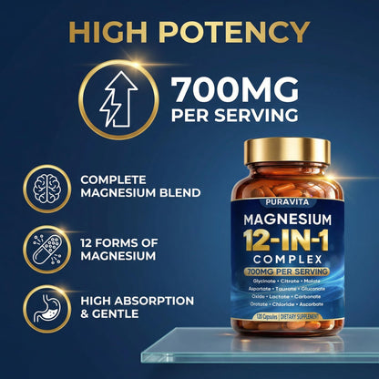 Puravita 12 in 1 Magnesium Complex Capsules - 700mg High Absorption Blend with Glycinate, Citrate, Malate, Oxide & Taurate. Supports Muscle Function, Nerve Health & Relaxation - 120 Capsules (1) - Maple Wellness Supplements