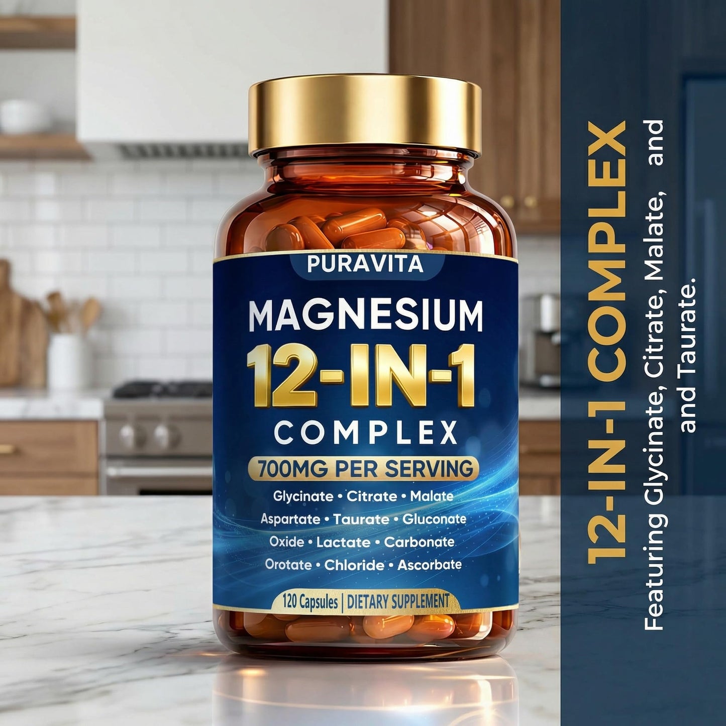 Puravita 12 in 1 Magnesium Complex Capsules - 700mg High Absorption Blend with Glycinate, Citrate, Malate, Oxide & Taurate. Supports Muscle Function, Nerve Health & Relaxation - 120 Capsules (1) - Maple Wellness Supplements