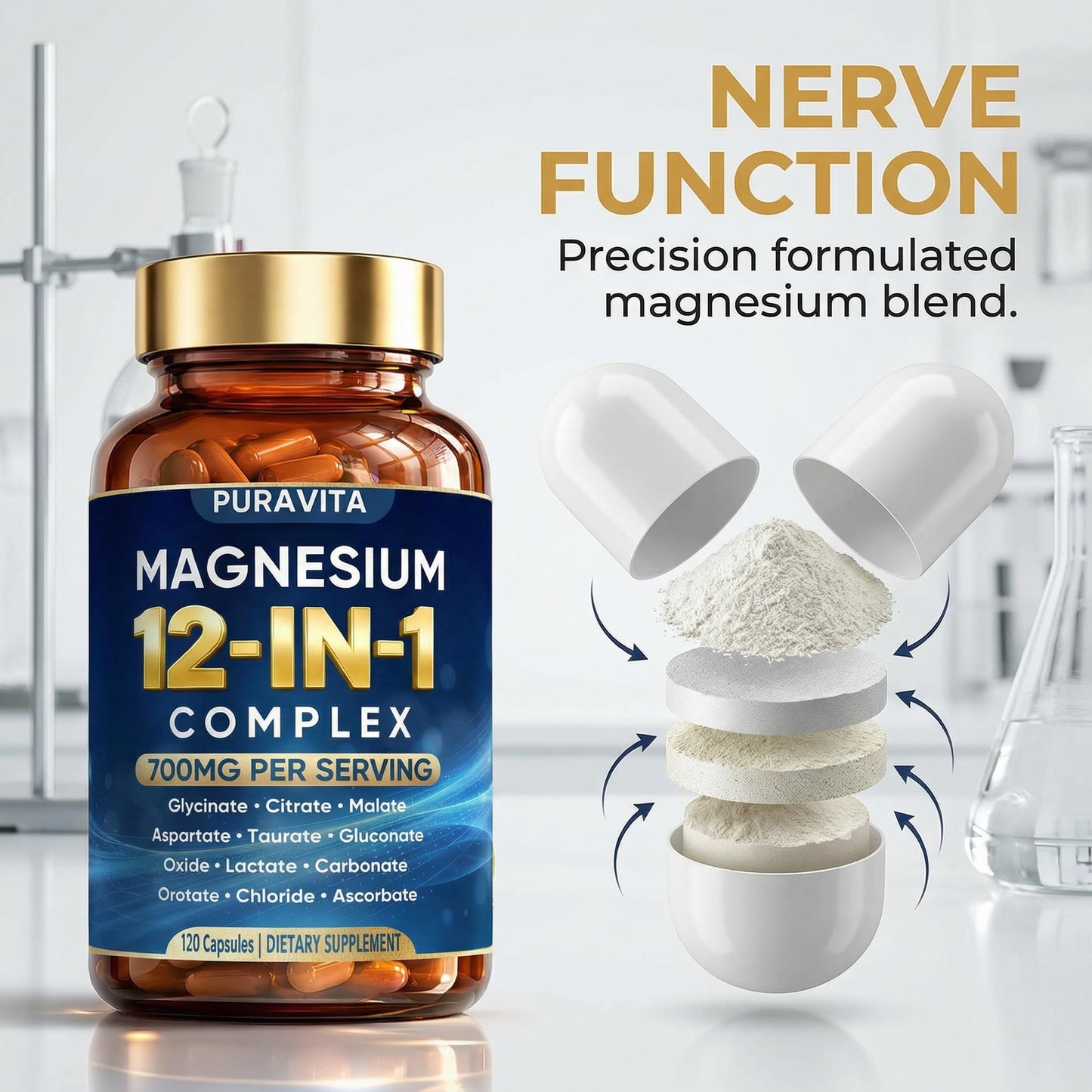 Puravita 12 in 1 Magnesium Complex Capsules - 700mg High Absorption Blend with Glycinate, Citrate, Malate, Oxide & Taurate. Supports Muscle Function, Nerve Health & Relaxation - 120 Capsules (1) - Maple Wellness Supplements