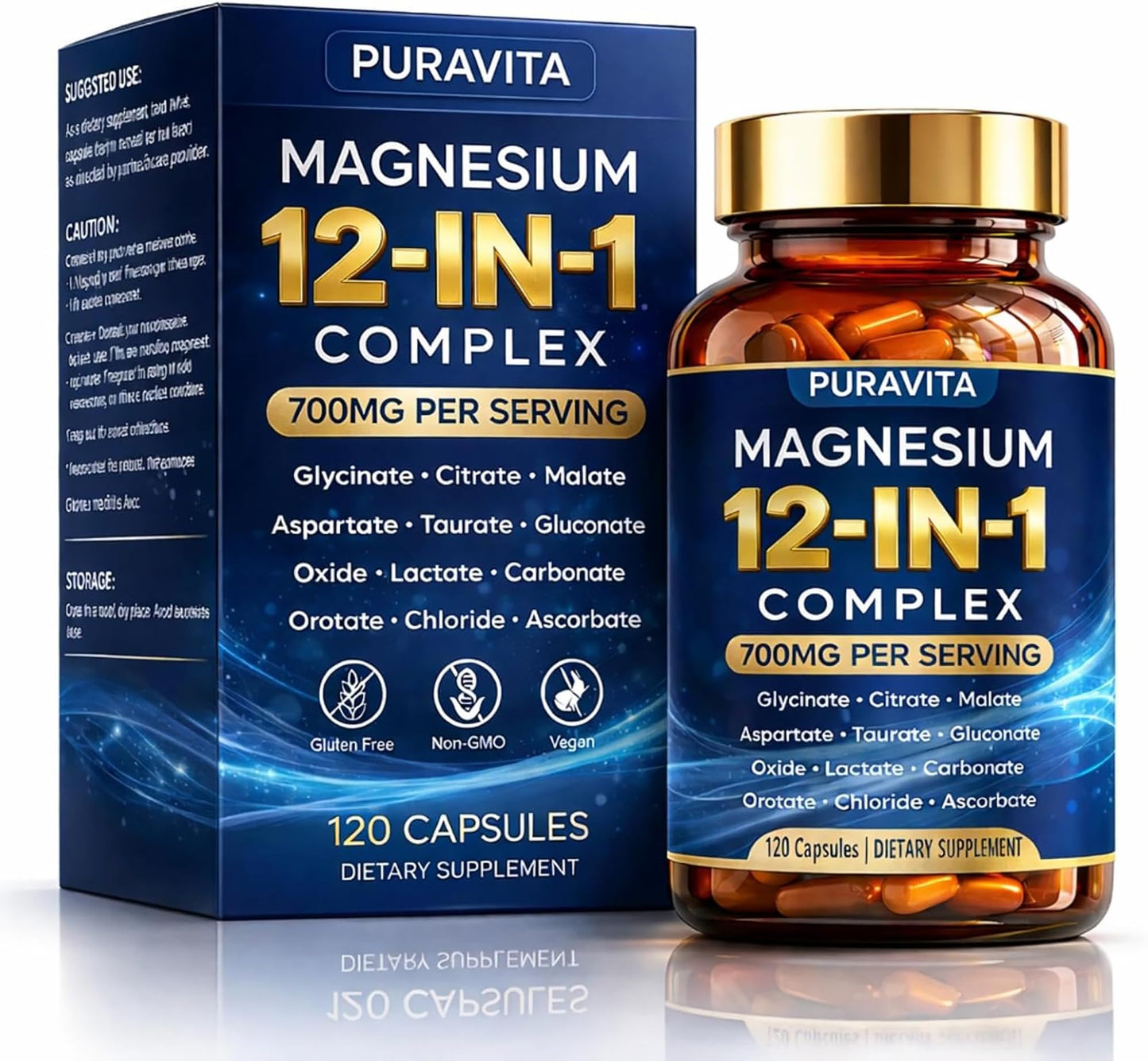 Puravita 12 in 1 Magnesium Complex Capsules - 700mg High Absorption Blend with Glycinate, Citrate, Malate, Oxide & Taurate. Supports Muscle Function, Nerve Health & Relaxation - 120 Capsules (1) - Maple Wellness Supplements