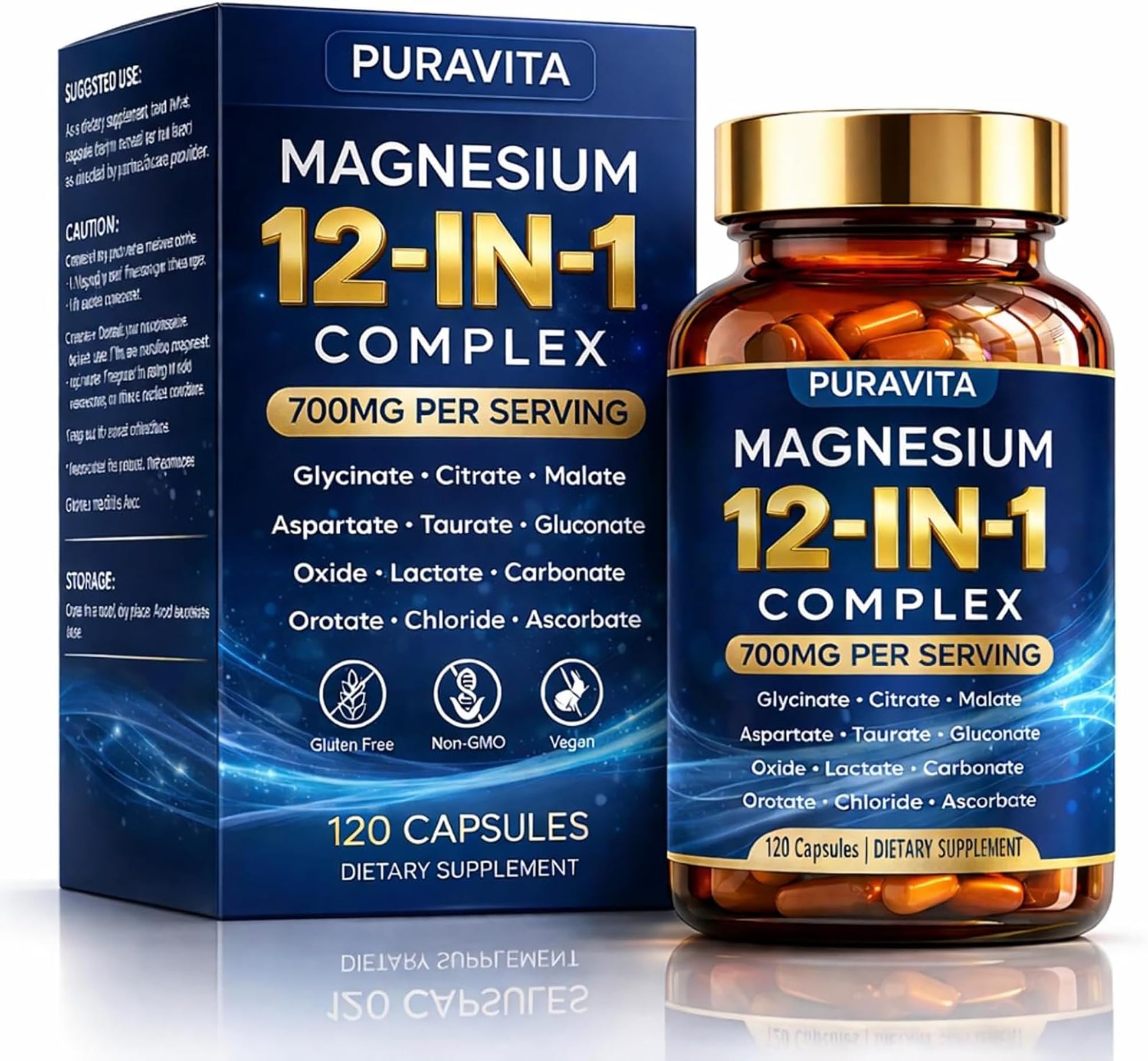 Puravita 12 in 1 Magnesium Complex Capsules - 700mg High Absorption Blend with Glycinate, Citrate, Malate, Oxide & Taurate. Supports Muscle Function, Nerve Health & Relaxation - 120 Capsules (1) - Maple Wellness Supplements