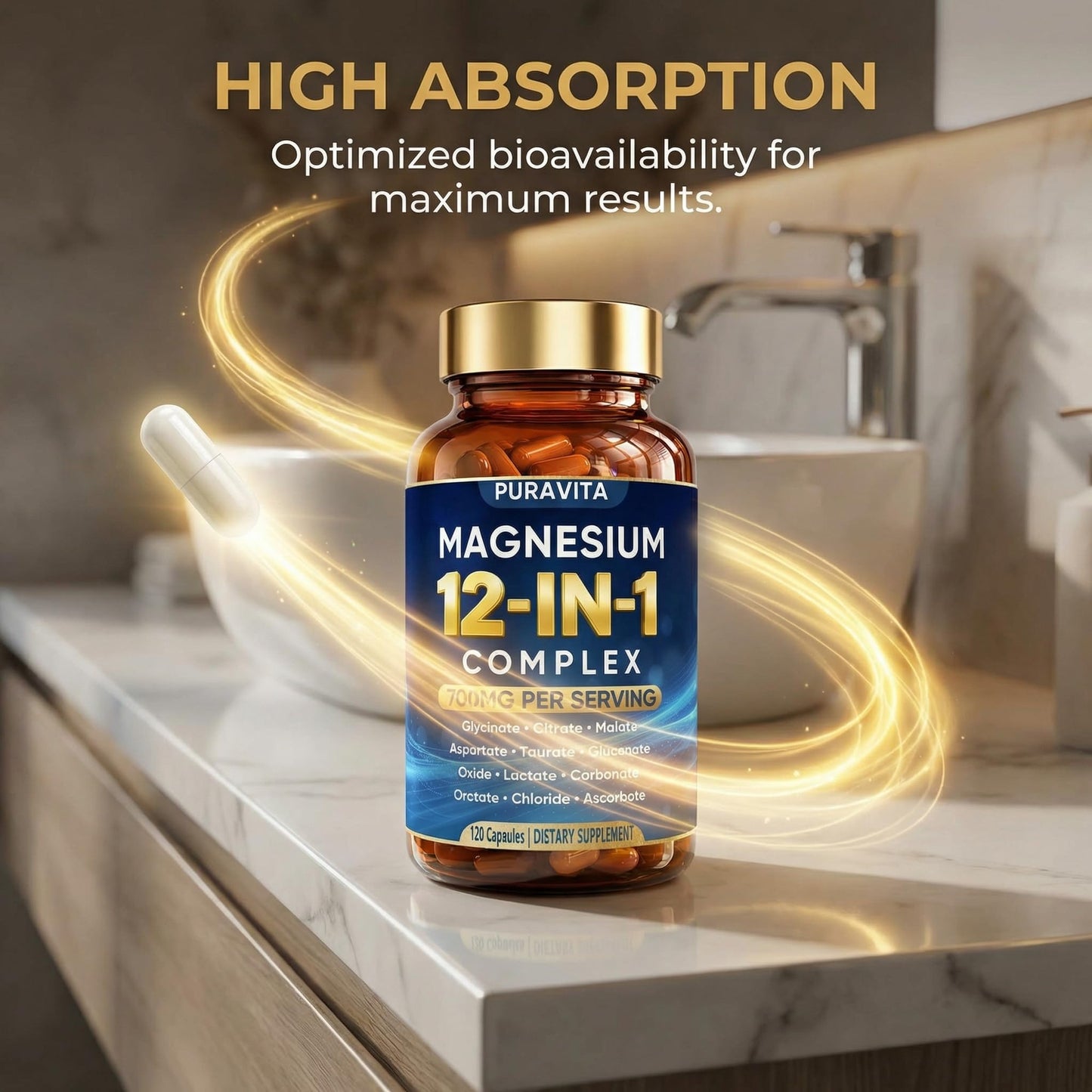 Puravita 12 in 1 Magnesium Complex Capsules - 700mg High Absorption Blend with Glycinate, Citrate, Malate, Oxide & Taurate. Supports Muscle Function, Nerve Health & Relaxation - 120 Capsules (1) - Maple Wellness Supplements