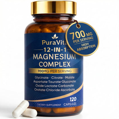 Puravita 12 in 1 Magnesium, Magnesium Complex for Women Men, 700mg High Absorption, Glycinate, Citrate, Malate, Oxide, Taurat, Relaxation & Energy Support, Vegan 120 Capsules (A) - Maple Wellness Supplements