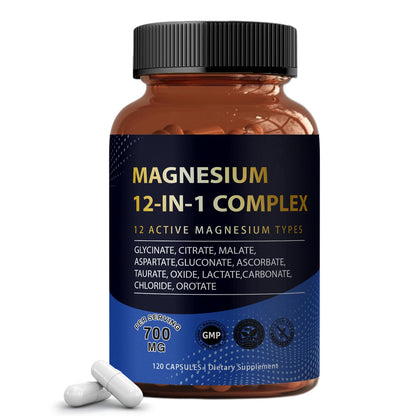 Puravita Magnesium Complex 700mg 12 in 1 Magnesium Supplement with Glycinate, Citrate, Malate & More | Easy Absorption, Energy Support, Vegan & Non-GMO | 120 Capsules (1pc) - Maple Wellness Supplements