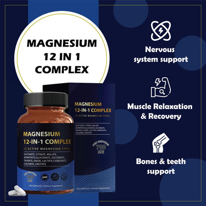 Puravita Magnesium Complex 700mg 12 in 1 Magnesium Supplement with Glycinate, Citrate, Malate & More | Easy Absorption, Energy Support, Vegan & Non-GMO | 120 Capsules (1pc) - Maple Wellness Supplements