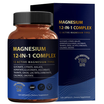 Puravita Magnesium Complex 700mg 12 in 1 Magnesium Supplement with Glycinate, Citrate, Malate & More | Easy Absorption, Energy Support, Vegan & Non-GMO | 120 Capsules (1pc) - Maple Wellness Supplements