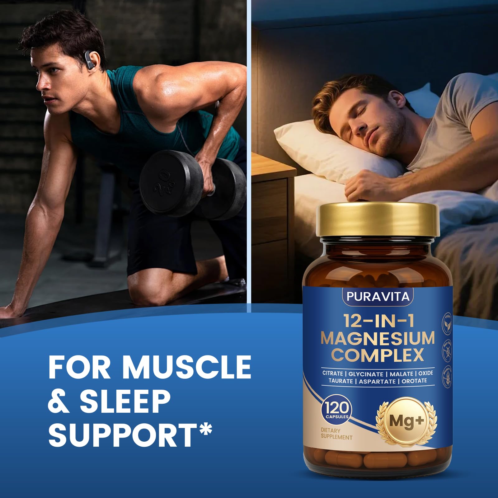 Puravita Magnesium Complex - Puravita 12 in 1 Magnesium Supplement with Glycinate, Citrate, Malate, Oxide, Taurat & More for Muscle, Nerve & Sleep Support, 120 Count - Maple Wellness Supplements
