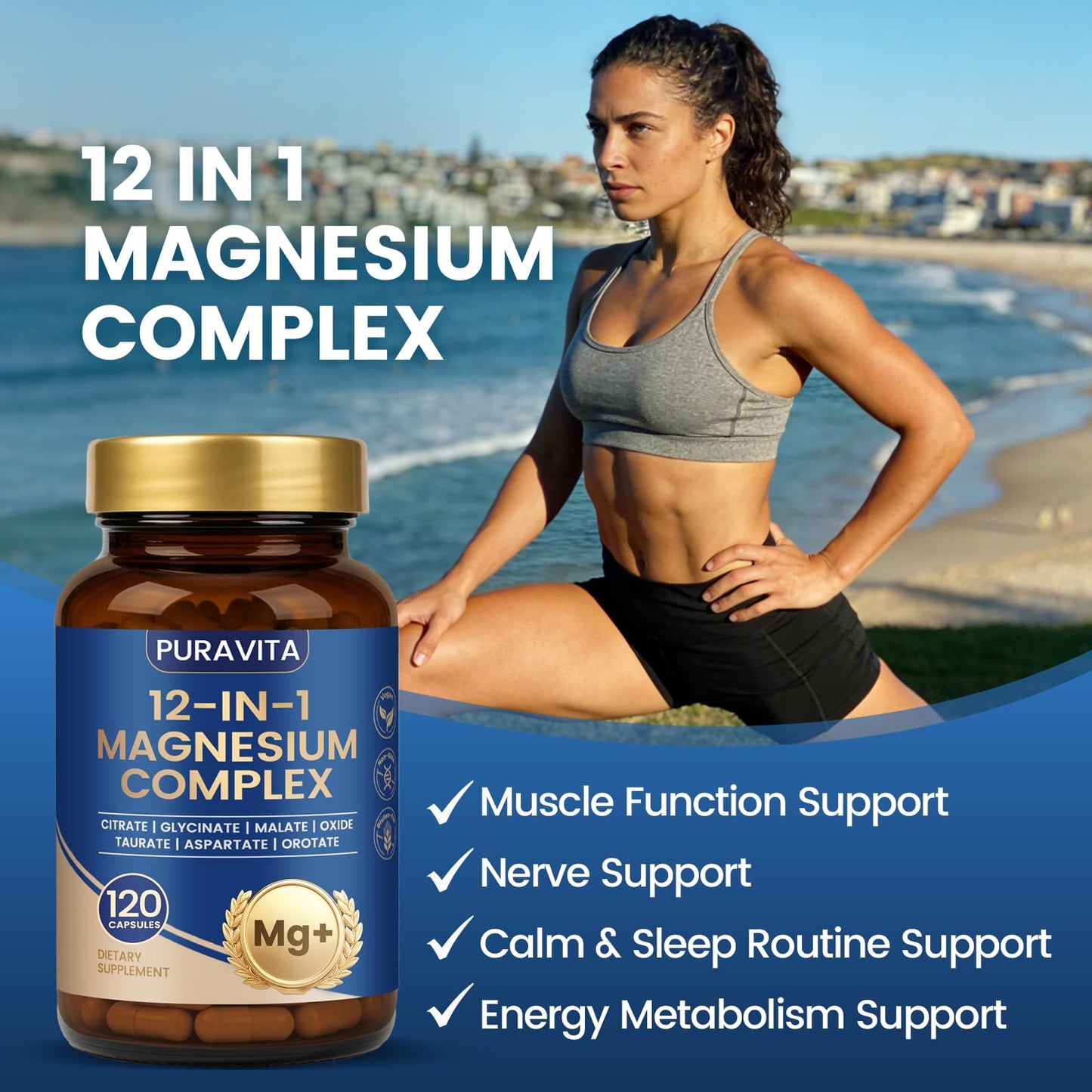 Puravita Magnesium Complex - Puravita 12 in 1 Magnesium Supplement with Glycinate, Citrate, Malate, Oxide, Taurat & More for Muscle, Nerve & Sleep Support, 120 Count - Maple Wellness Supplements