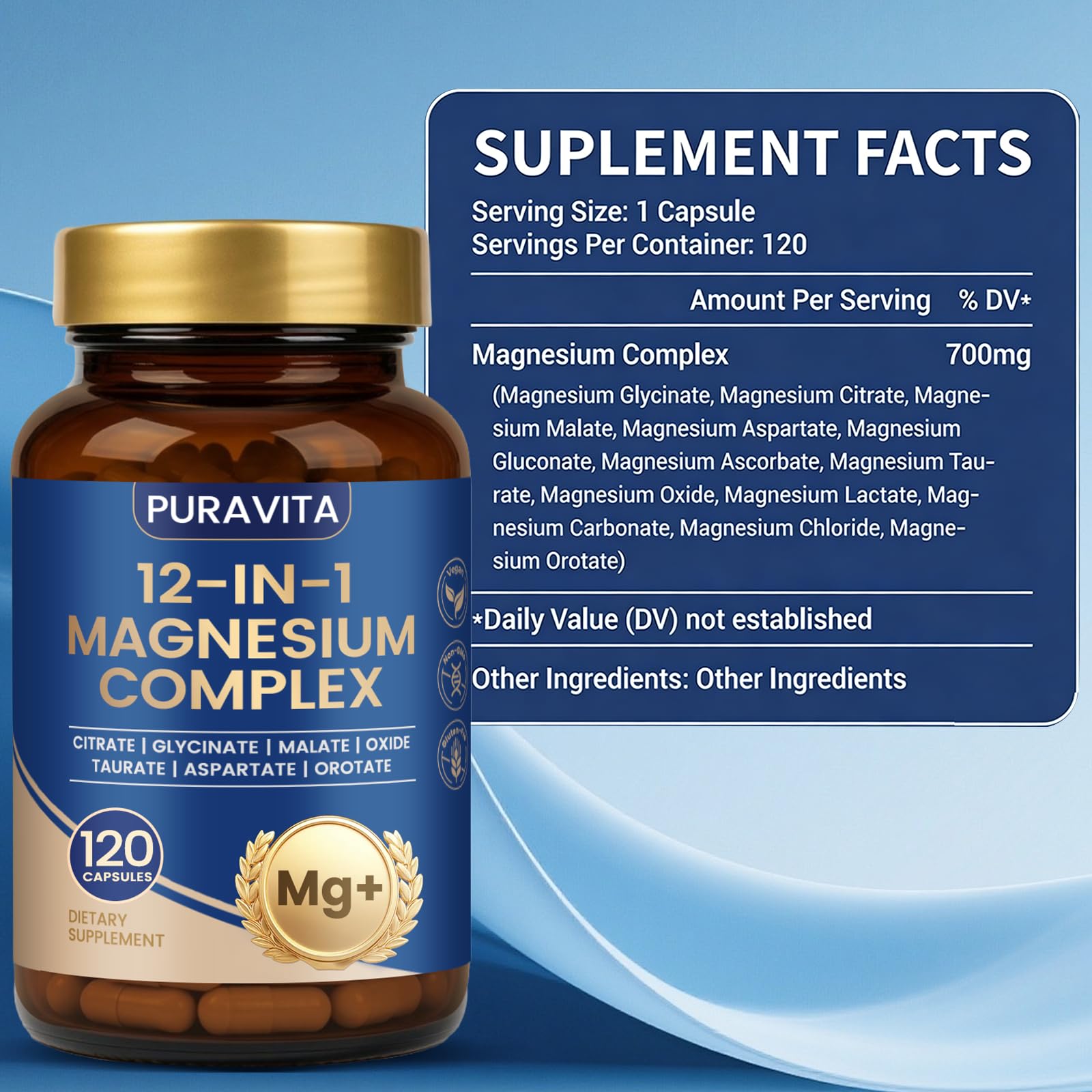 Puravita Magnesium Complex - Puravita 12 in 1 Magnesium Supplement with Glycinate, Citrate, Malate, Oxide, Taurat & More for Muscle, Nerve & Sleep Support, 120 Count - Maple Wellness Supplements