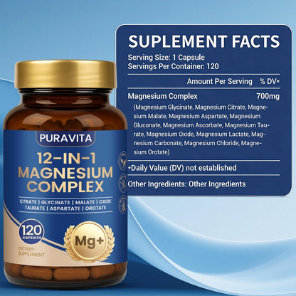Puravita Magnesium Complex - Puravita 12 in 1 Magnesium Supplement with Glycinate, Citrate, Malate, Oxide, Taurat & More for Muscle, Nerve & Sleep Support, 120 Count - Maple Wellness Supplements