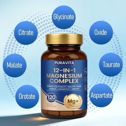 Puravita Magnesium Complex - Puravita 12 in 1 Magnesium Supplement with Glycinate, Citrate, Malate, Oxide, Taurat & More for Muscle, Nerve & Sleep Support, 120 Count - Maple Wellness Supplements