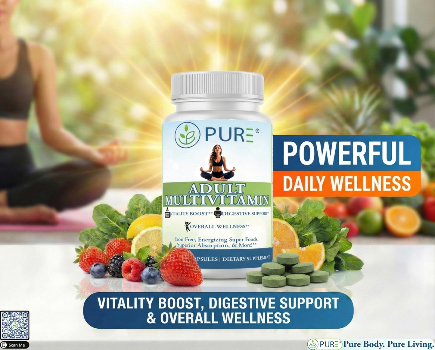 PURE Adult Multivitamin with Vitamins A, C, D3, B12, Minerals, Digestive Enzymes, 90 Capsules, 30 Servings - Maple Wellness Supplements