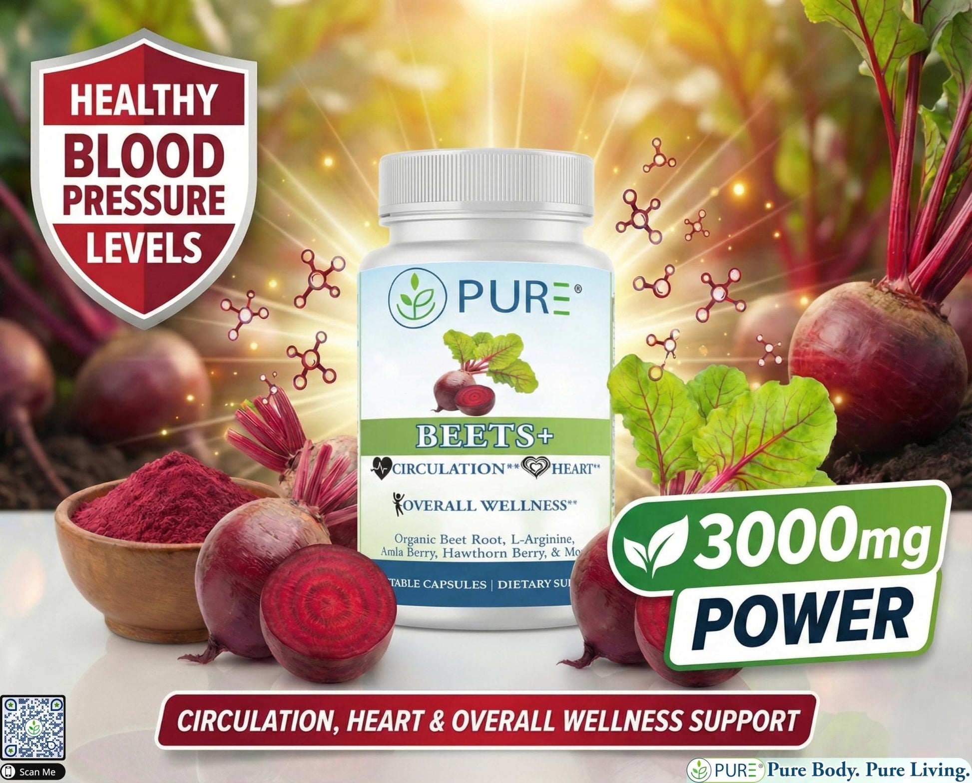 PURE® Beets+ Organic Beet Root Capsules - 900mg - 90 Count, 30 Servings - Blood Pressure & Circulation Support Supplement - with L-Arginine, Hawthorn Berry & B12 - Cardiovascular Health - Made in USA - Maple Wellness Supplements