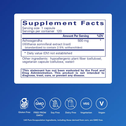 Pure Encapsulations Ashwagandha - 500 mg Ashwagandha Extract - Metabolism & Stress Support - Immune Support - GMO Free & Vegan - 120 Capsules - Maple Wellness Supplements