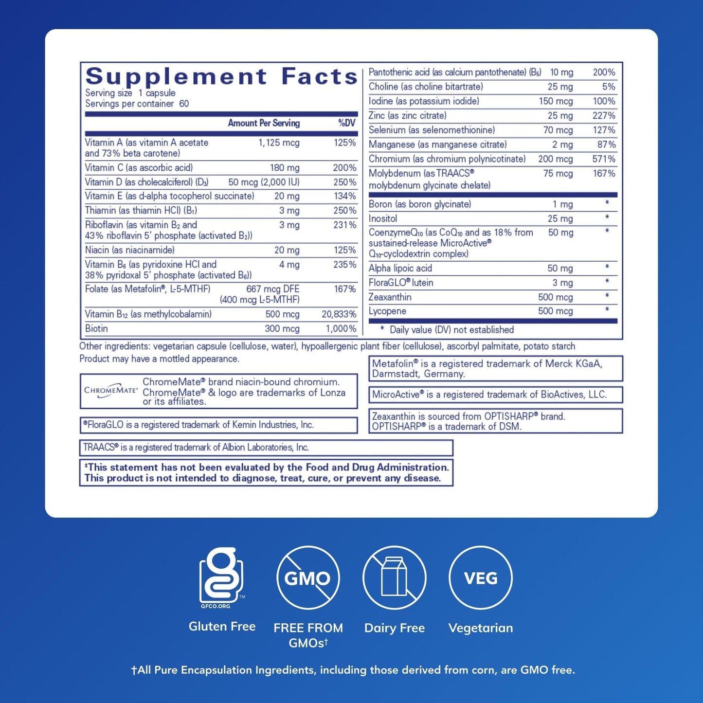 Pure Encapsulations O.N.E. Multivitamin - Once Daily Multivitamin with Antioxidant Complex Metafolin, CoQ10, and Lutein to Support Vision, Cognitive Function, and Cellular Health* - 60 Capsules - Maple Wellness Supplements