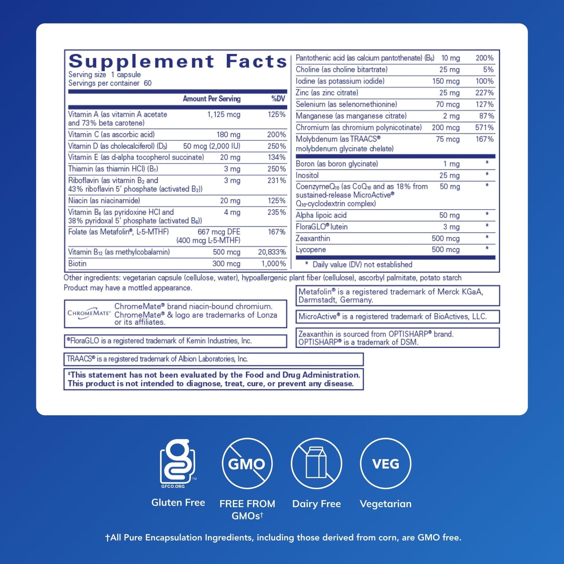 Pure Encapsulations O.N.E. Multivitamin - Once Daily Multivitamin with Antioxidant Complex Metafolin, CoQ10, and Lutein to Support Vision, Cognitive Function, and Cellular Health* - 60 Capsules - Maple Wellness Supplements