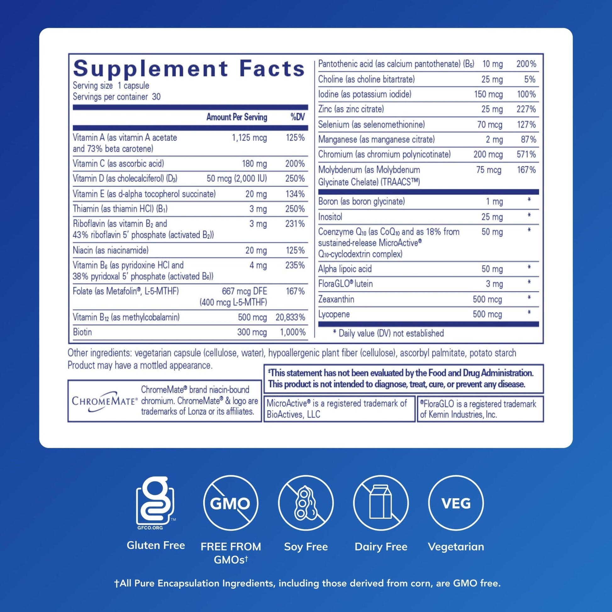 Pure Encapsulations O.N.E. Multivitamin - Once Daily Multivitamin with Antioxidant Complex Metafolin, CoQ10, and Lutein to Support Vision, Cognitive Function, and Cellular Health* - 30 Capsules - Maple Wellness Supplements