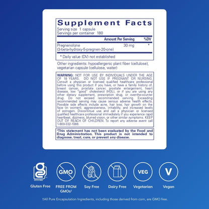 Pure Encapsulations Pregnenolone - 30 mg - Hormone Support - Memory Support - Gluten Free & Vegan - 180 Capsules - Maple Wellness Supplements