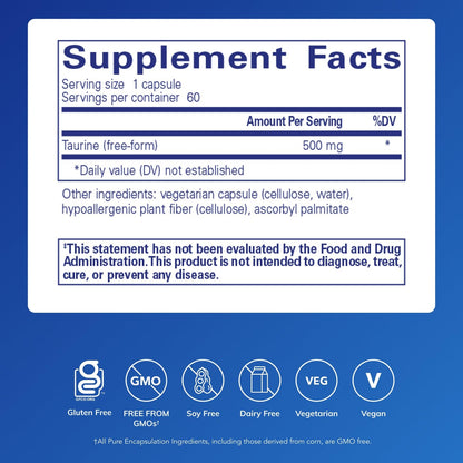 Pure Encapsulations Taurine 500 mg | Amino Acid Supplement for Liver, Eye Health, Antioxidants, Heart, Brain, and Muscles* | 60 Capsules - Maple Wellness Supplements