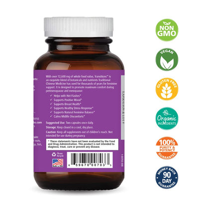 Pure Essence Labs Transitions Vitamins for Women, Natural Menopause Relief Supplement to Promote Hormone Balance, Reduce Hot Flashes, Mood Swings & Night Sweats, 60 Capsules - Maple Wellness Supplements