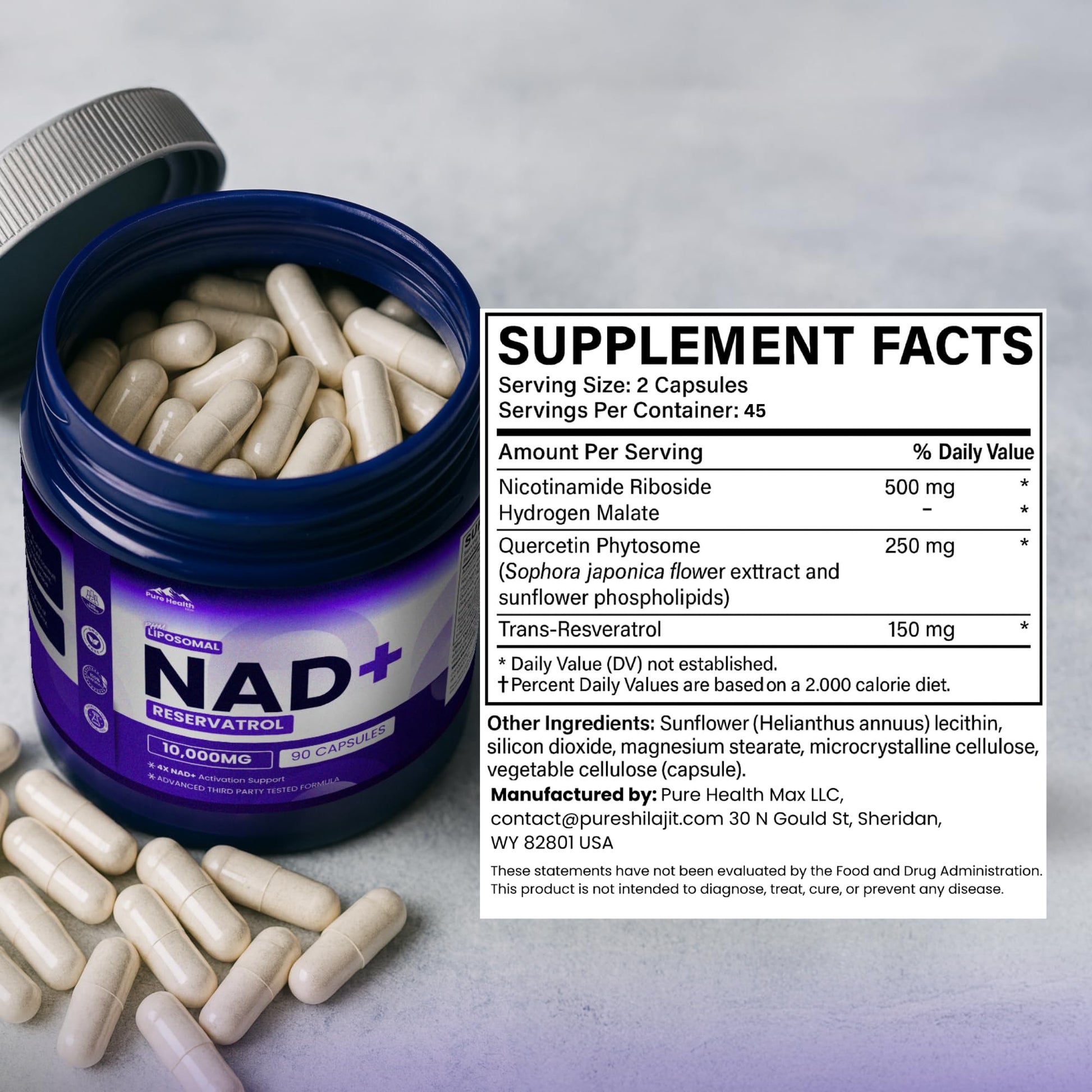 PURE HEALTH MAX PHM NAD Resveratrol Supplement - 10,000MG Extra Strength | NAD+ Liposomal Supplements for Men and Women | NMN & NMNH Alternative | 90 Capsules, 1.5 Months Supply - Maple Wellness Supplements