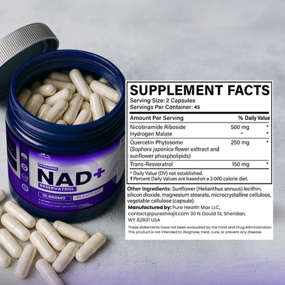 PURE HEALTH MAX PHM NAD Resveratrol Supplement - 10,000MG Extra Strength | NAD+ Liposomal Supplements for Men and Women | NMN & NMNH Alternative | 90 Capsules, 1.5 Months Supply - Maple Wellness Supplements