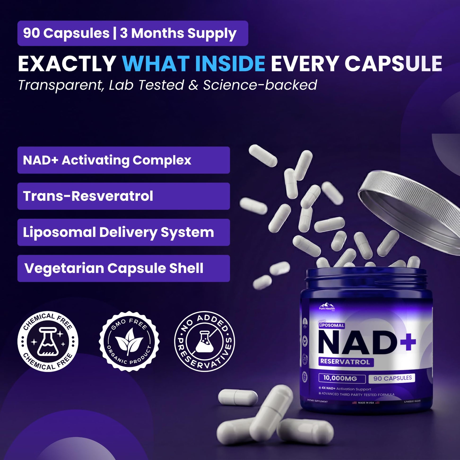 PURE HEALTH MAX PHM NAD Resveratrol Supplement - 10,000MG Extra Strength | NAD+ Liposomal Supplements for Men and Women | NMN & NMNH Alternative | 90 Capsules, 1.5 Months Supply - Maple Wellness Supplements