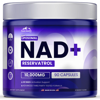 PURE HEALTH MAX PHM NAD Resveratrol Supplement - 10,000MG Extra Strength | NAD+ Liposomal Supplements for Men and Women | NMN & NMNH Alternative | 90 Capsules, 1.5 Months Supply - Maple Wellness Supplements