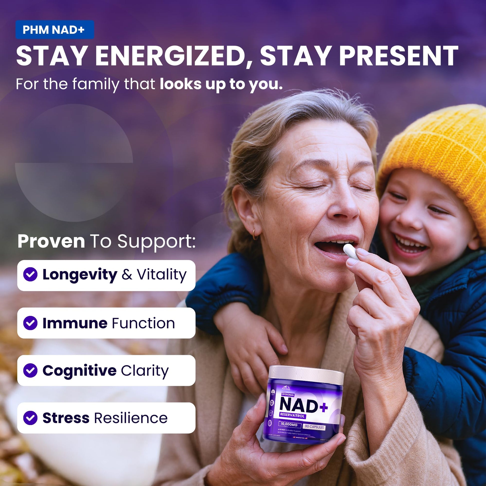 PURE HEALTH MAX PHM NAD Resveratrol Supplement - 10,000MG Extra Strength | NAD+ Liposomal Supplements for Men and Women | NMN & NMNH Alternative | 90 Capsules, 1.5 Months Supply - Maple Wellness Supplements