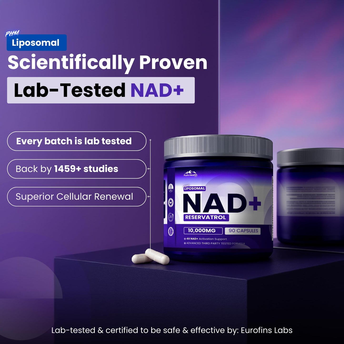 PURE HEALTH MAX PHM NAD Resveratrol Supplement - 10,000MG Extra Strength | NAD+ Liposomal Supplements for Men and Women | NMN & NMNH Alternative | 90 Capsules, 1.5 Months Supply - Maple Wellness Supplements