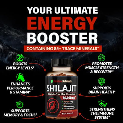 Pure Himalayan Shilajit Capsules Supplement (60,000mg+ Absorption Enhancer+50% - Maple Wellness Supplements