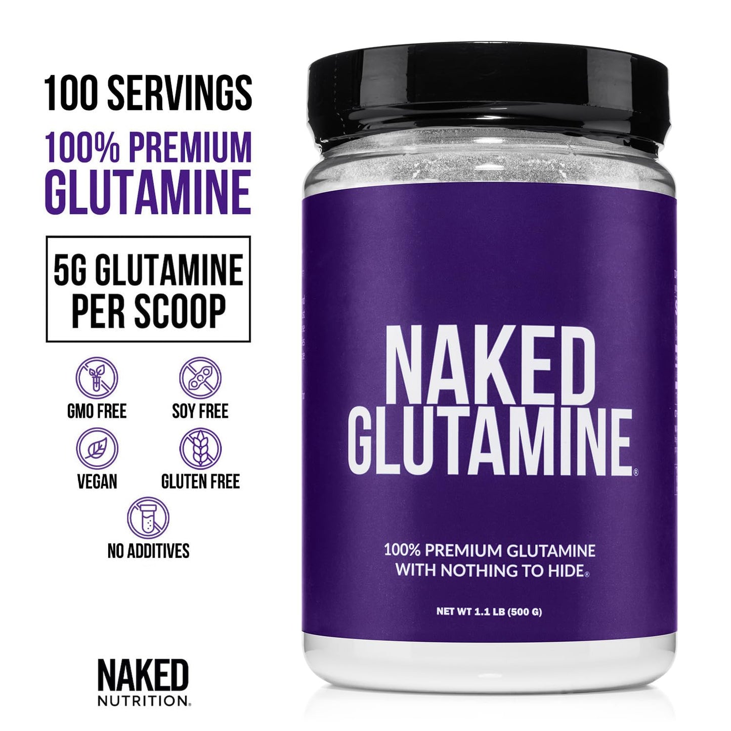 Pure L-Glutamine Made in The USA - 100 Servings - 500g, 1.1lb Bulk, Vegan, Non-GMO, Gluten and Soy Free. Minimize Muscle Breakdown & Improve Protein Synthesis. No Additives - Maple Wellness Supplements