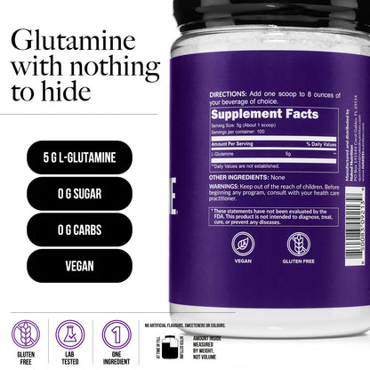 Pure L-Glutamine Made in The USA - 100 Servings - 500g, 1.1lb Bulk, Vegan, Non-GMO, Gluten and Soy Free. Minimize Muscle Breakdown & Improve Protein Synthesis. No Additives - Maple Wellness Supplements