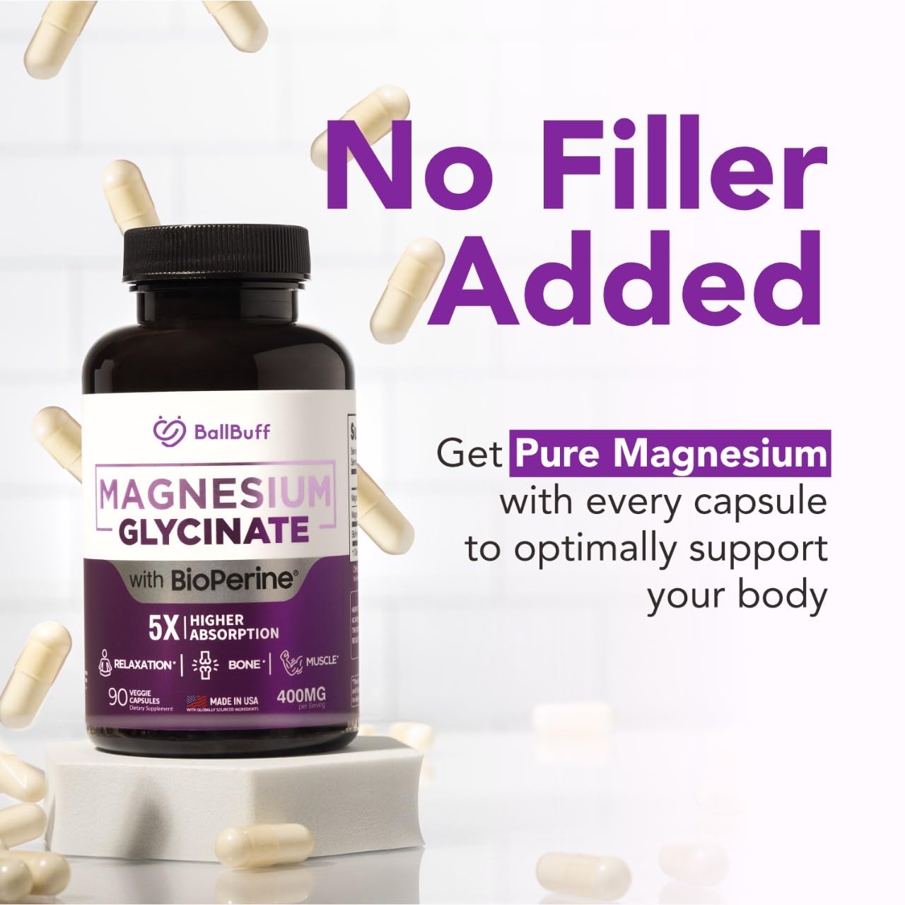 Pure Magnesium Glycinate 400mg - 5X Higher Absorption - Support Stress Relief, Sleep, Bone Health - 100% Chelated - Pure Magnesium Supplement - Maple Wellness Supplements