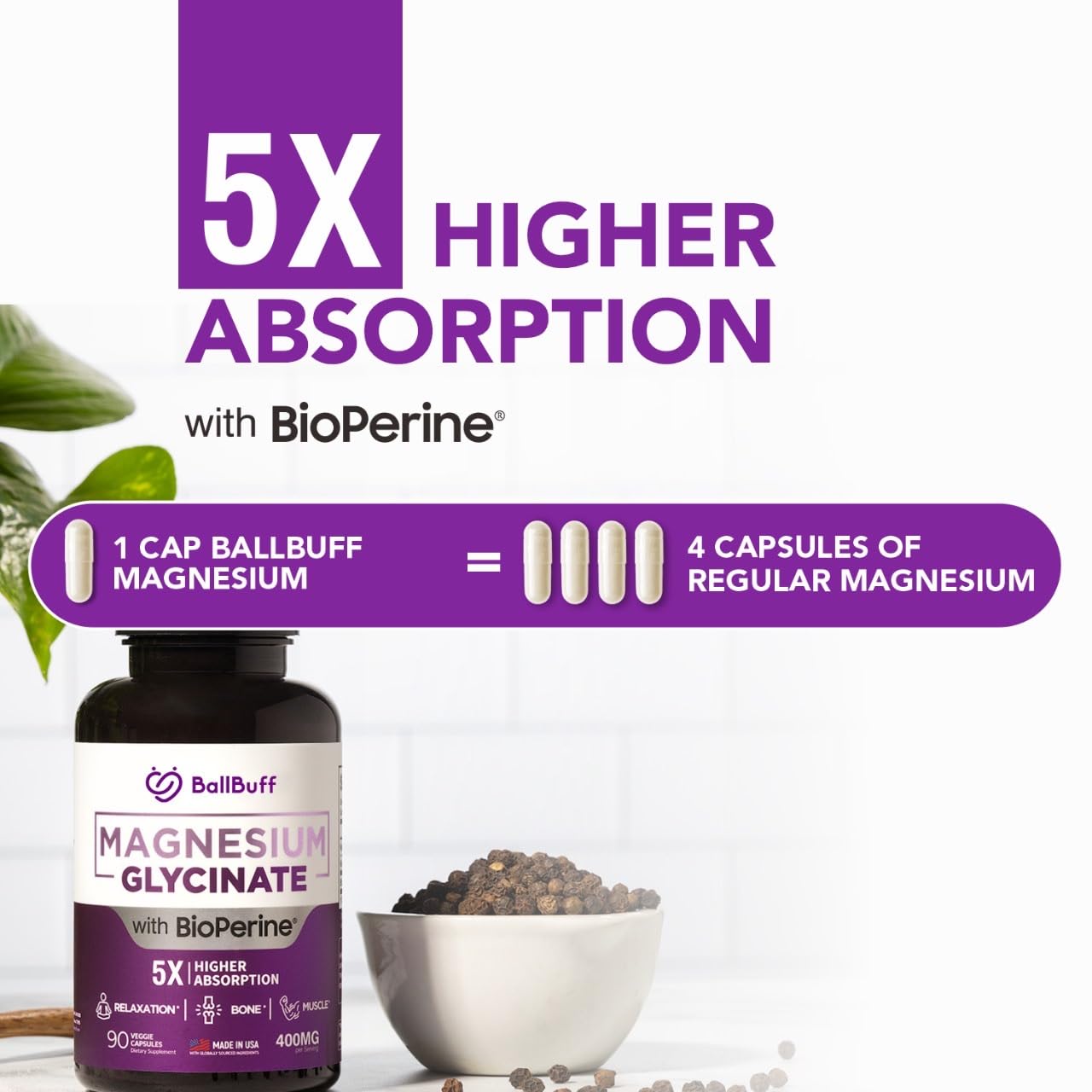 Pure Magnesium Glycinate 400mg - 5X Higher Absorption - Support Stress Relief, Sleep, Bone Health - 100% Chelated - Pure Magnesium Supplement - Maple Wellness Supplements