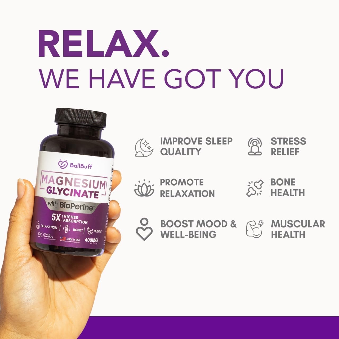 Pure Magnesium Glycinate 400mg - 5X Higher Absorption - Support Stress Relief, Sleep, Bone Health - 100% Chelated - Pure Magnesium Supplement - Maple Wellness Supplements