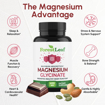 Pure Magnesium Glycinate 400mg Serving - High Absorption Magnesium Glycinate - Mag Bisglycinate for Stress, Bones, Muscles, Nerves, - Maple Wellness Supplements