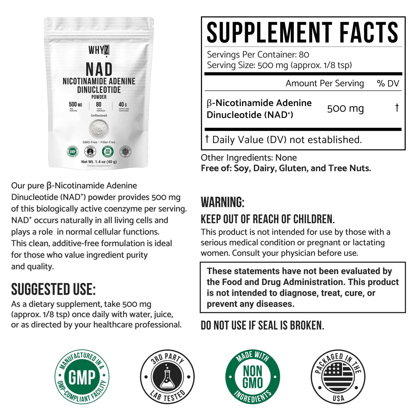 Pure NAD Powder Nicotinamide Adenine Dinucleotide Supplement Unflavored and Gluten-Free Premium Pure NAD Powder for Daily Wellness and Nutrition Support, 40g - Maple Wellness Supplements