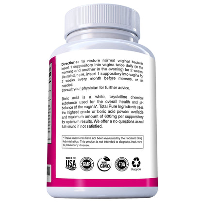 PURE PLANT HOME Boric Acid Suppositories Nature's Harmony 30 Count 600 mg 100% Pure Made in USA - Maple Wellness Supplements