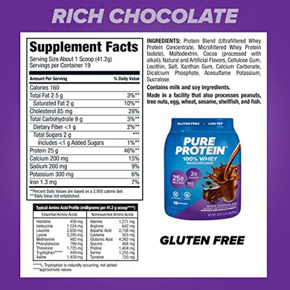 Pure Protein 100% Whey Protein Powder, Rich Chocolate, 25 g Protein, 1.75 lb - Maple Wellness Supplements